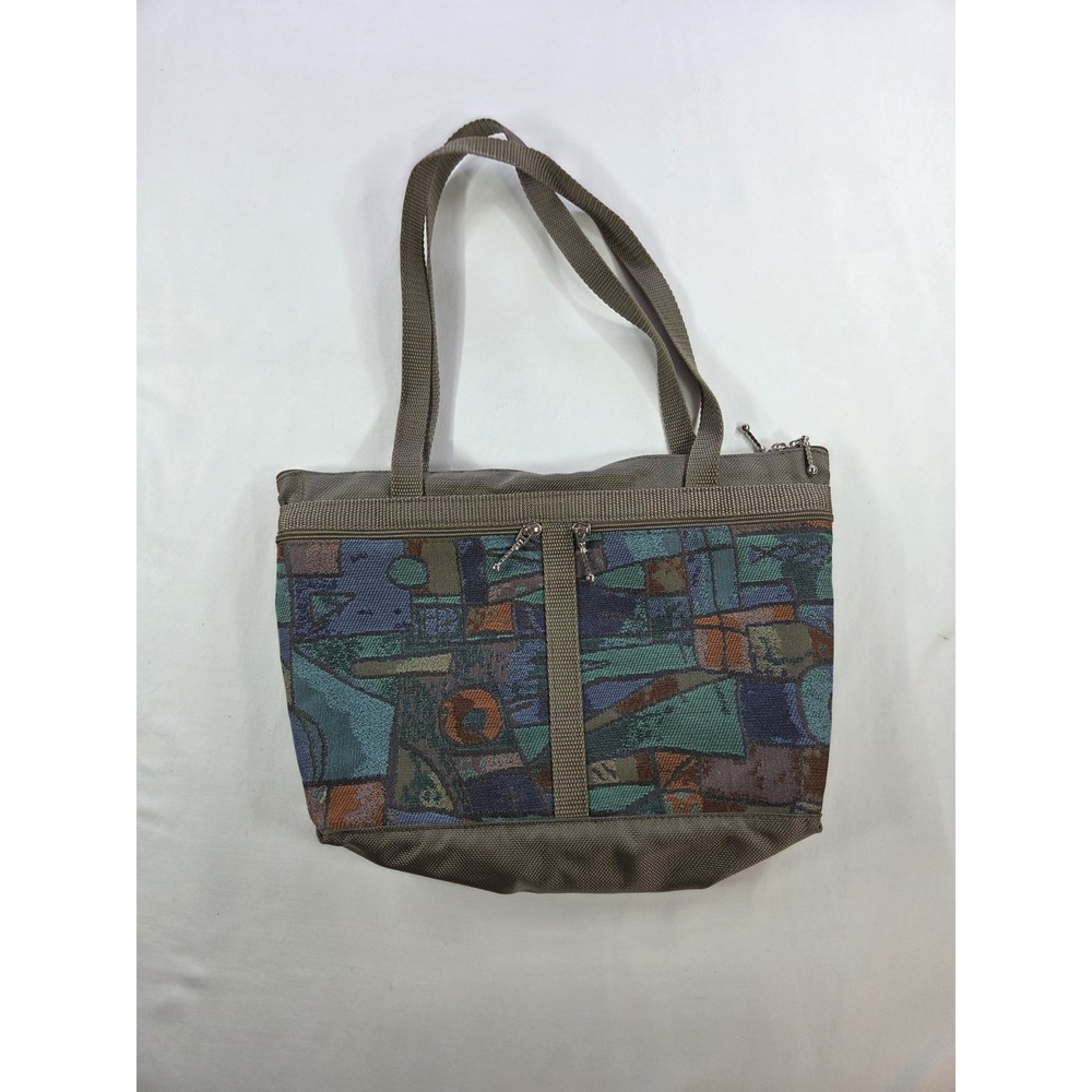 GreatBags Maple Leather, Geometric Tapestry Tote, Multicompartment Organizer Bag